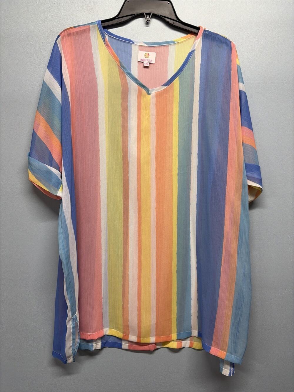MarleyLilly Women’s Size S/M - Multicolor Striped V-Neck Sheer Short Sleeve Top